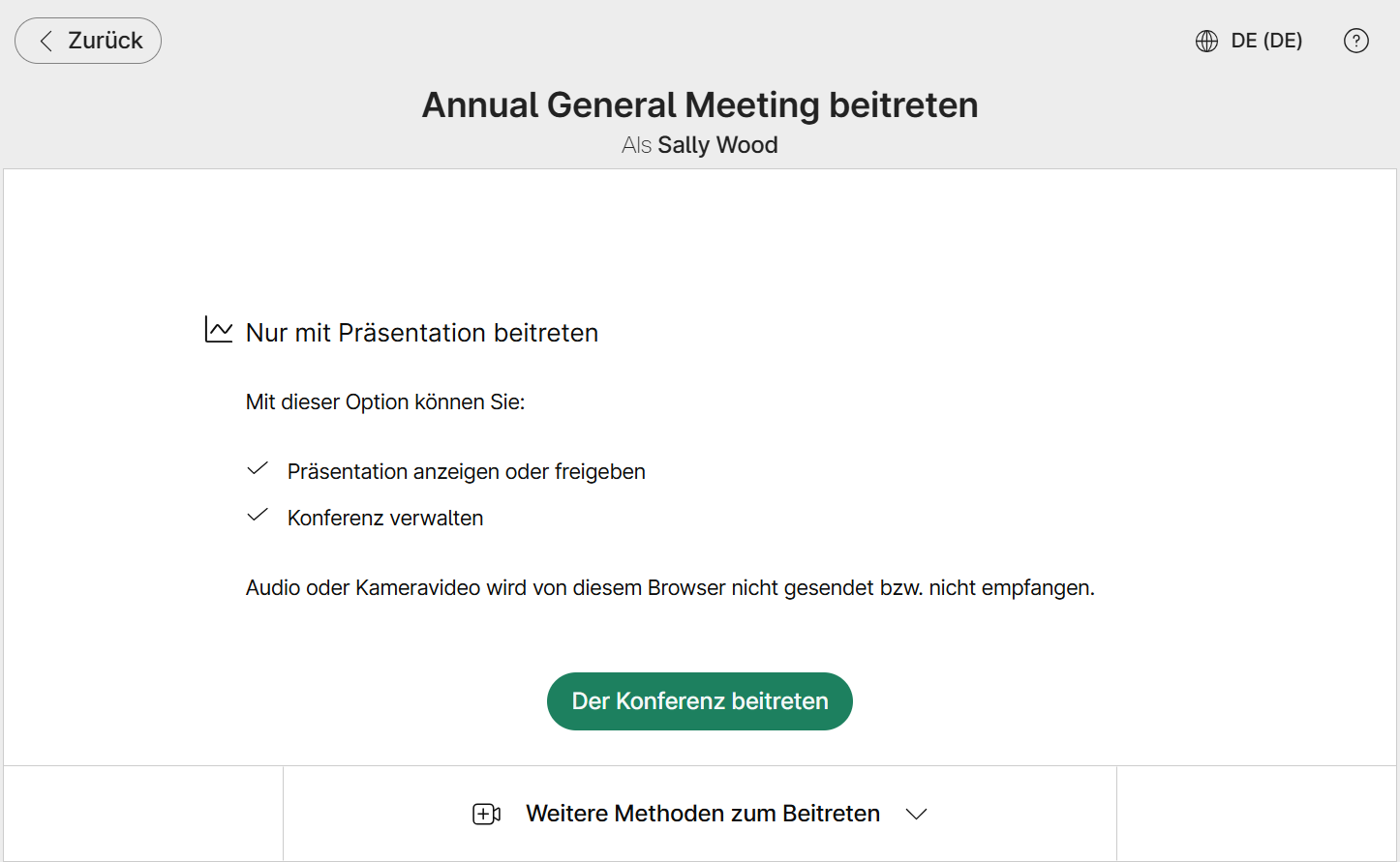 Bildschirm für Beitrittsmethode vor dem Beitreten zum Meeting